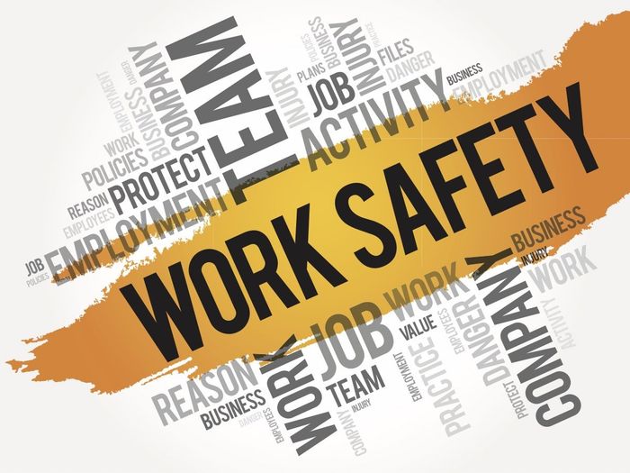 Image is an information graphic with the main word being work safety. Amongst the graphic are a range of associated words to do with work safety such as; policies, team, employment etc