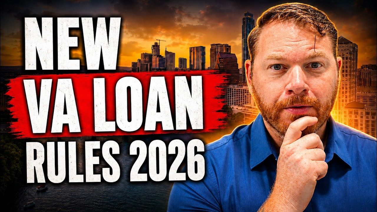 Text graphic reading “NEW VA LOAN RULES 2026” with a man posing thoughtfully against a city skyline.