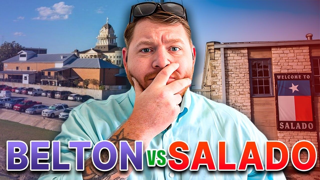 Man pondering between Belton and Salado, TX, with courthouse and stone building in background.