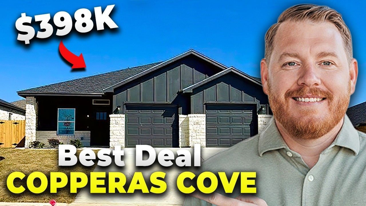 A real estate thumbnail showing a dark-toned suburban house, a $398K price tag, and a smiling man gesturing to the home.