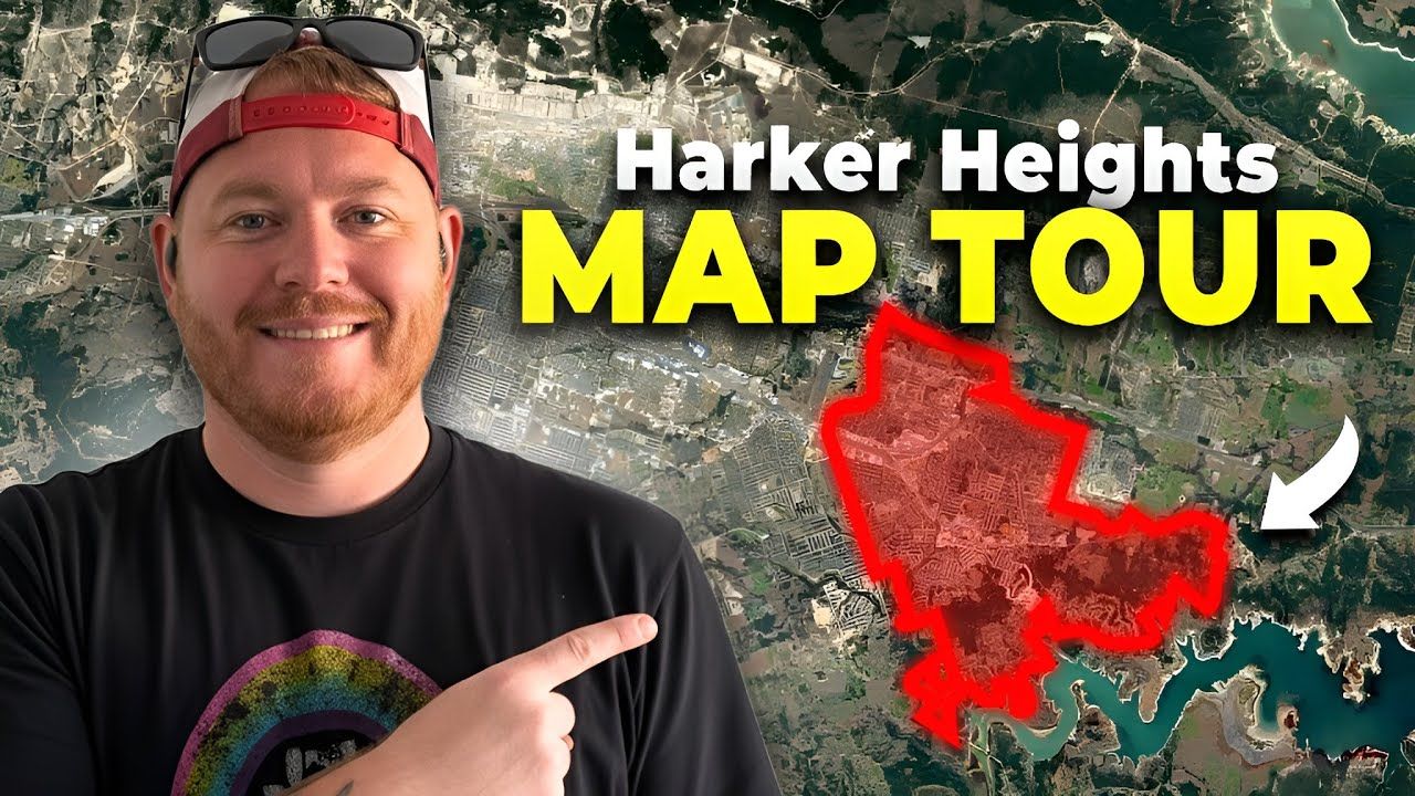 Man pointing at a map outlining Harker Heights, Texas. Text overlay:
