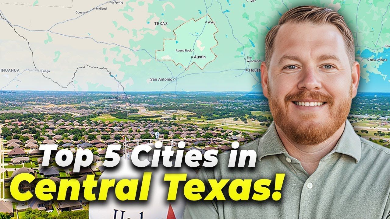 Man smiling, overlaid on aerial view of Central Texas with map and title