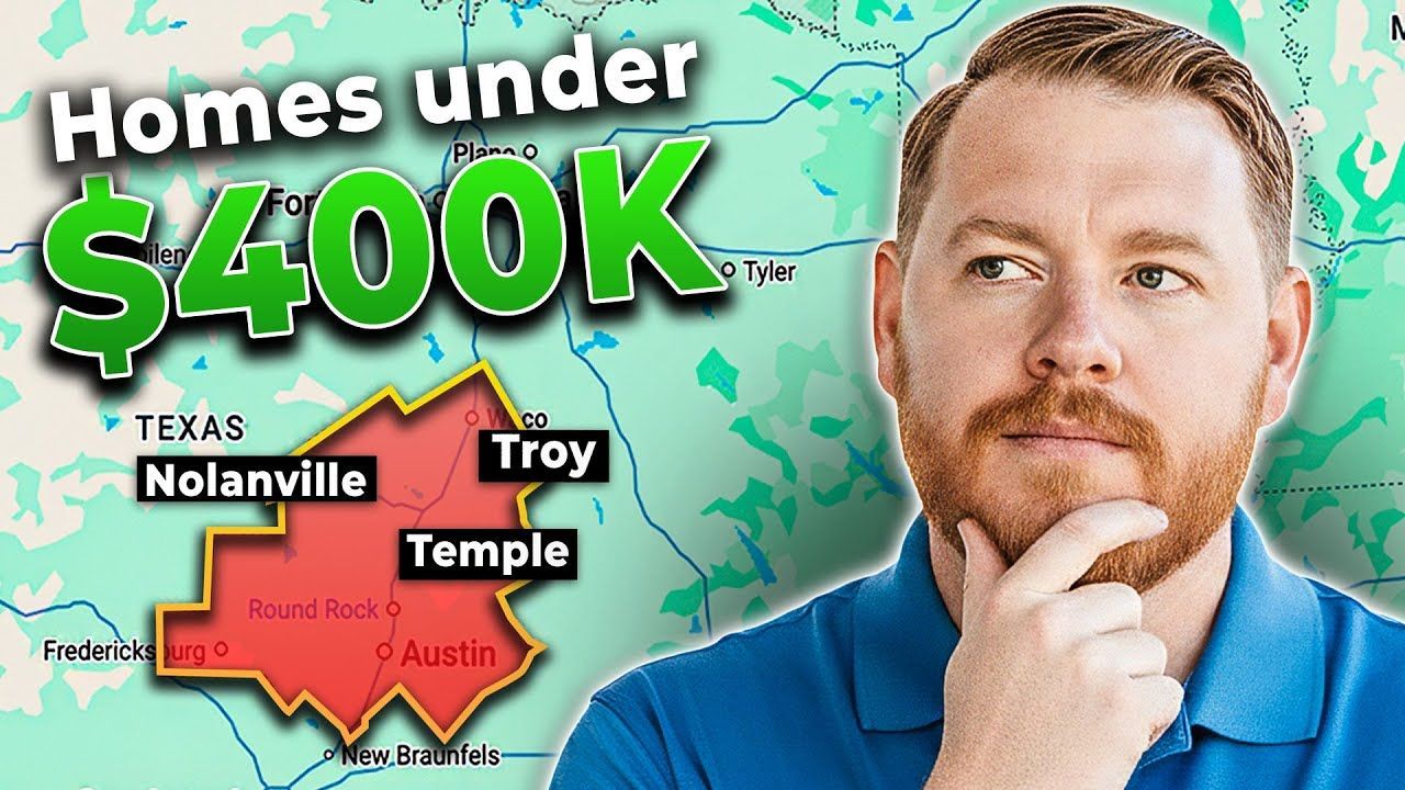 Man with hand on chin in front of a map with text “Homes under $400K” and highlighted Texas cities.