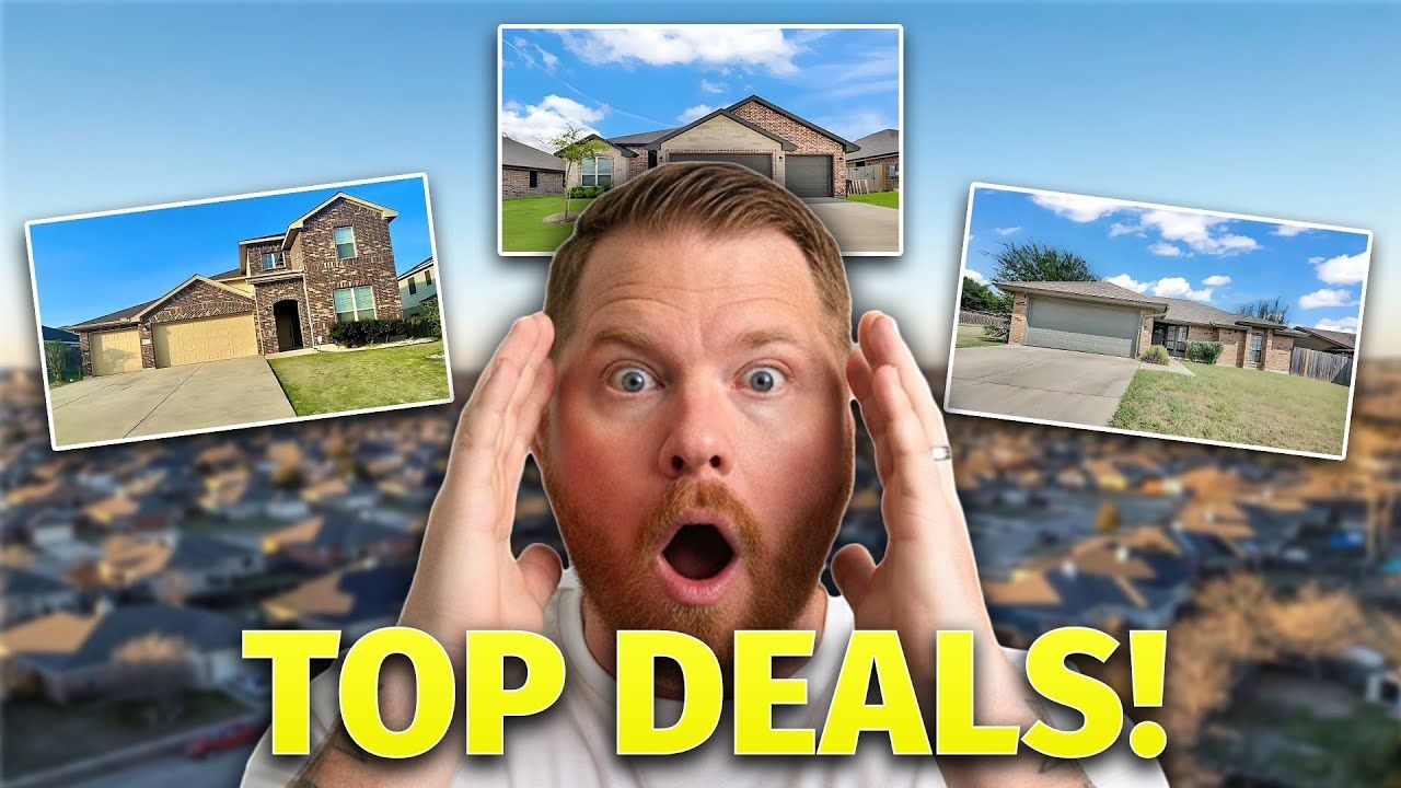 Man with shocked expression, overlaid with house photos, 