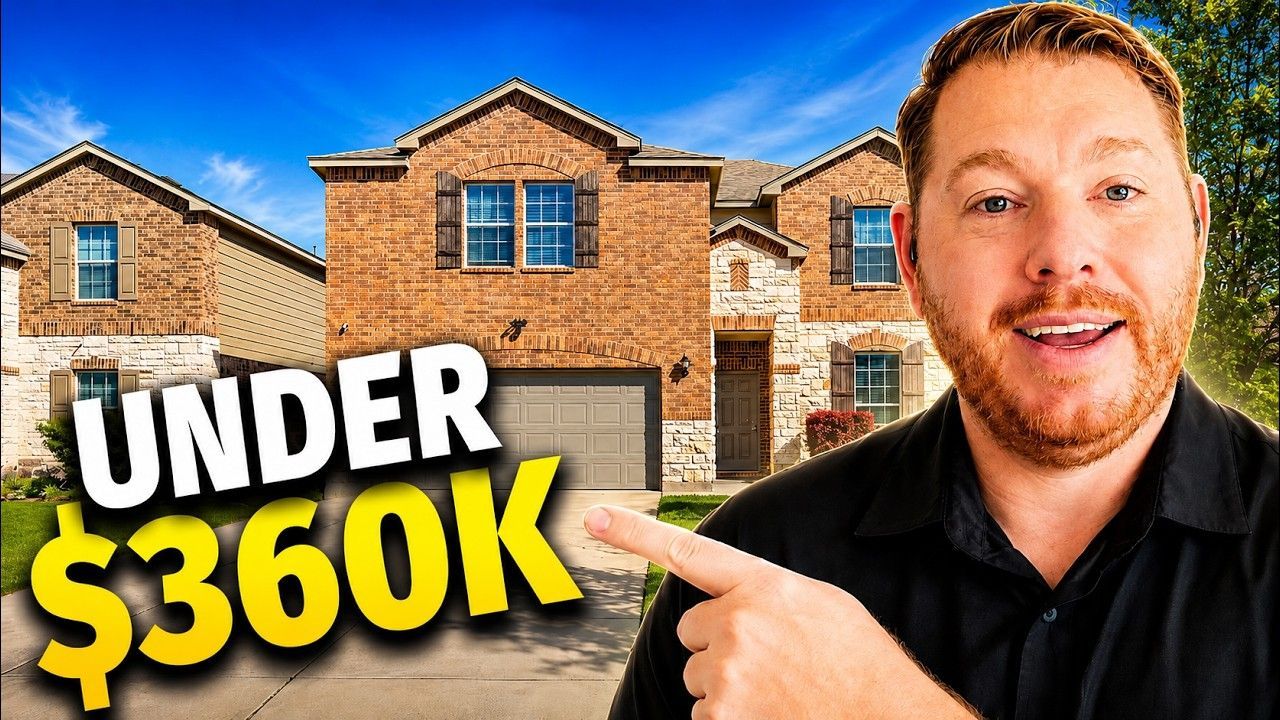 Man pointing at a brick house with bold text “UNDER $360K” on a bright blue background