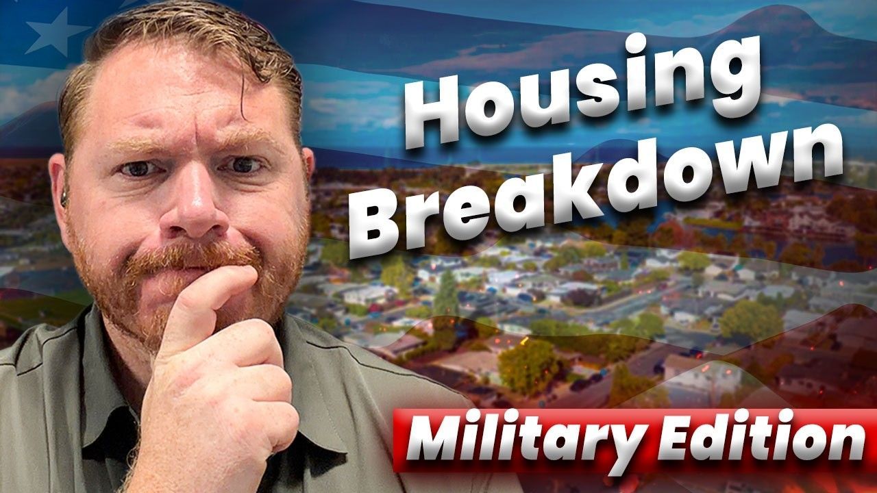 Man with hand on chin beside text “Housing Breakdown” and “Military Edition” over a suburban neighborhood backdrop
