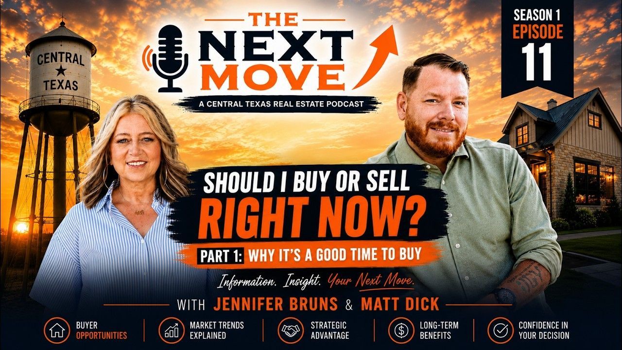 Podcast promo with two hosts, sunset desert backdrop, title “The Next Move,” and “Should I buy or sell right now?”
