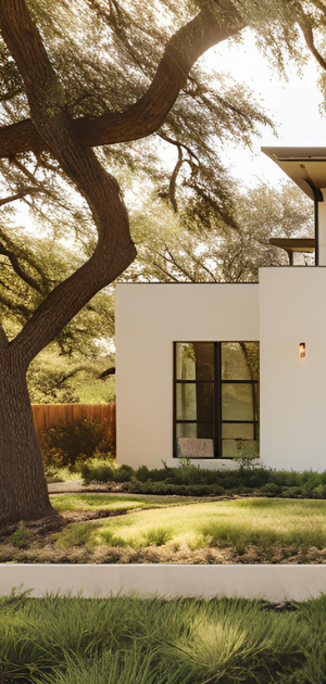 A white house with a large tree in front of it.