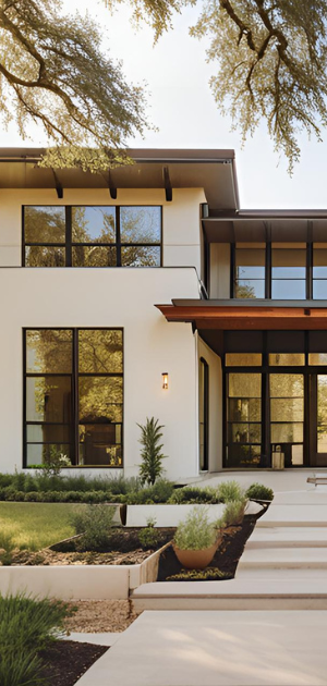 A large white house with a lot of windows and a walkway leading to it.