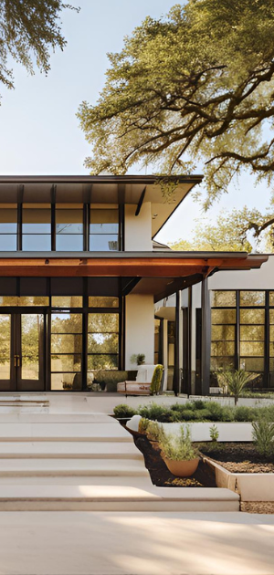 A modern house with a lot of windows and trees in the background.
