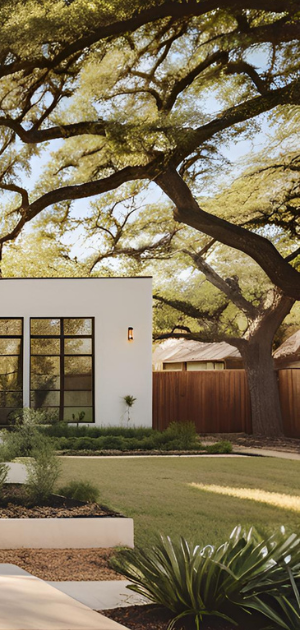 A white house with a large tree in front of it.