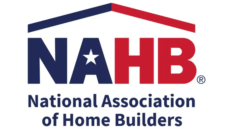 Logo of the National Association of Home Builders, with a blue and red roof, navy text, and a white star.