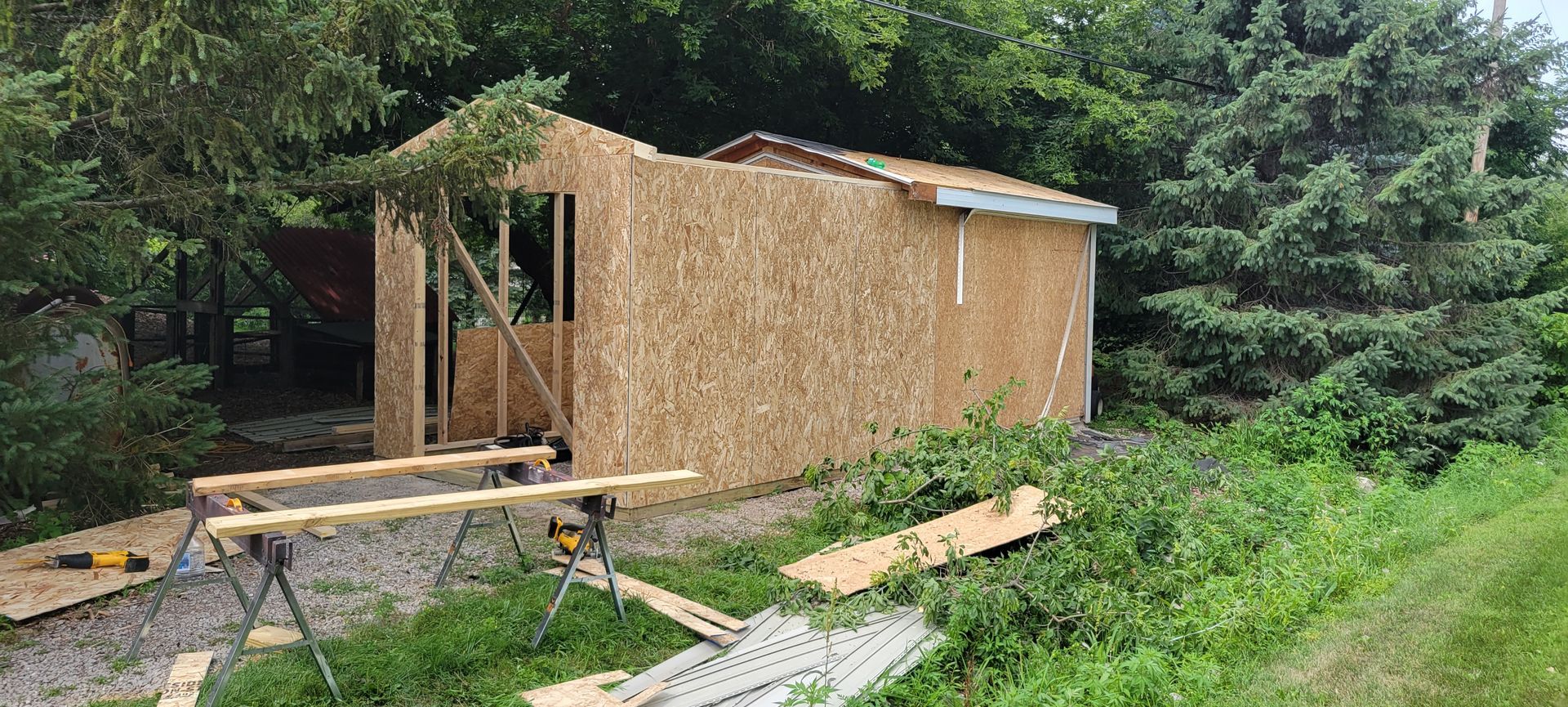 A wooden shed is being built in the middle of a grassy field.