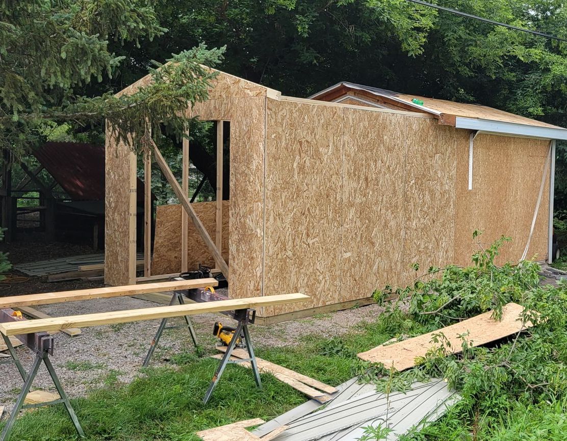 A wooden shed is being built in the backyard.
