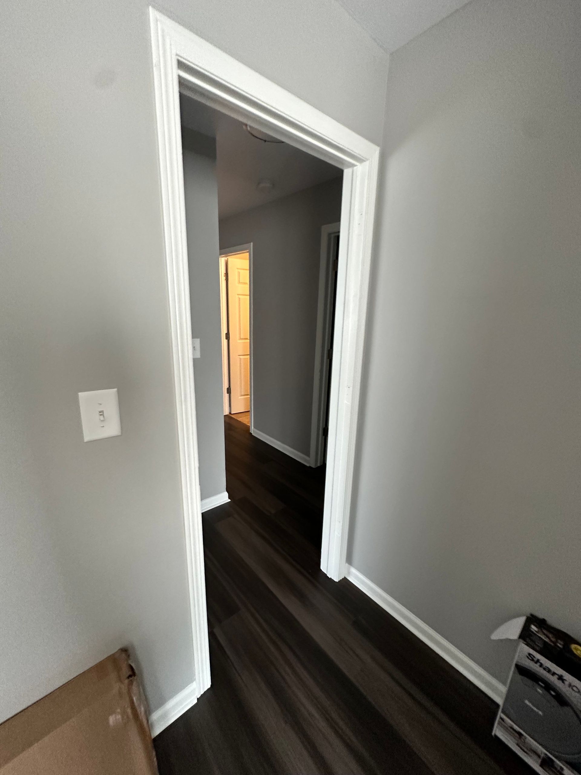 Narrow hallway with dark wood-look flooring, gray walls, and white trim. Light switch on the left wall.
