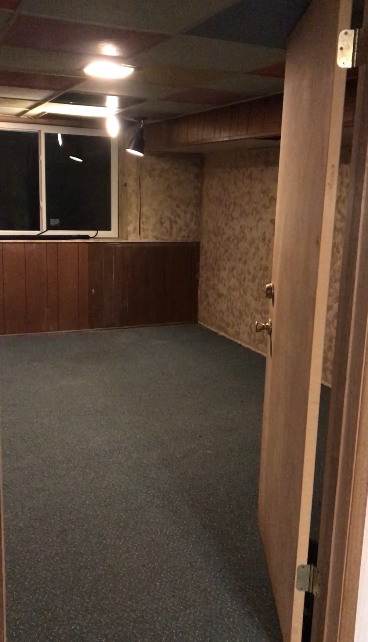 An empty basement with a door and a window.