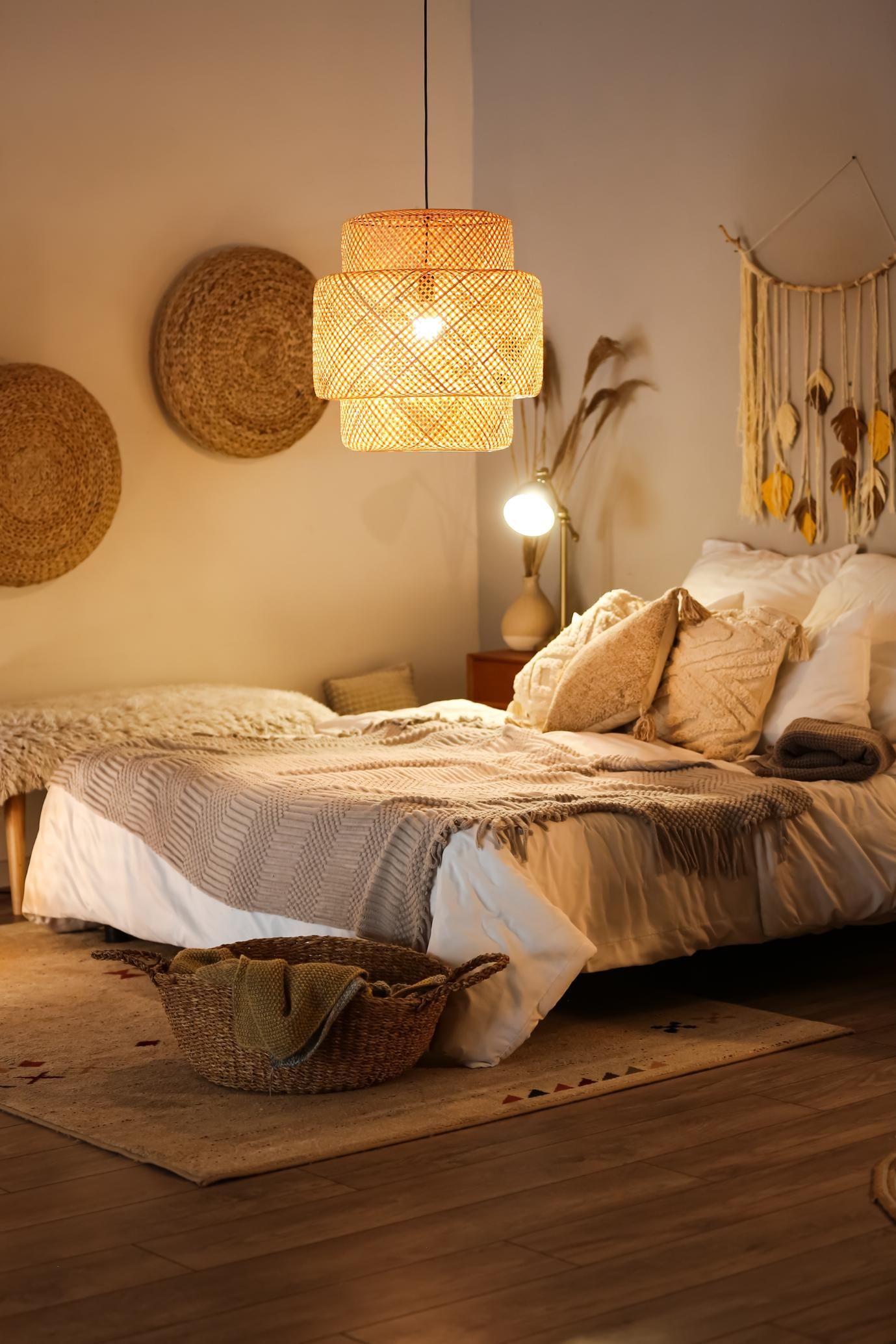 A bedroom with two beds and a lamp hanging from the ceiling.