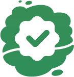 Green checkmark inside a white, scalloped shape, surrounded by a green cloud-like design.
