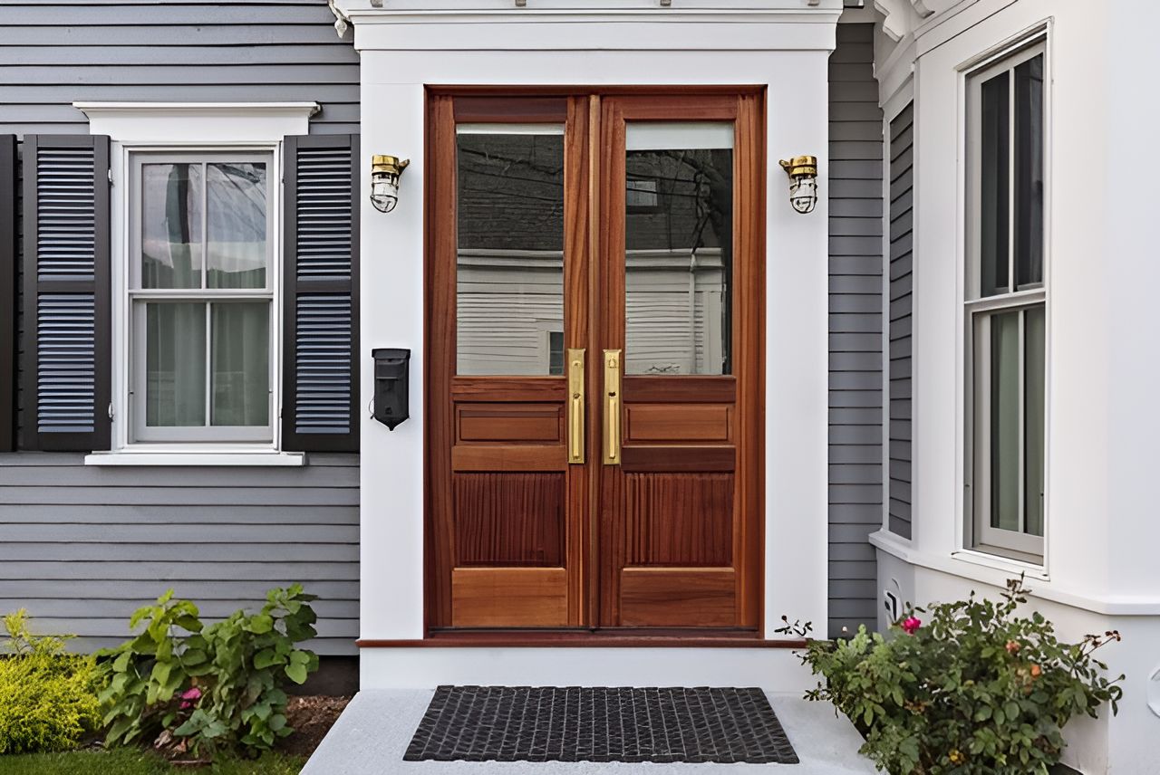 The Front Door Of A House With Two Wooden Doors And Black Shutters — Roo’s Door & Window Maintenance In Sippy Downs, QLD