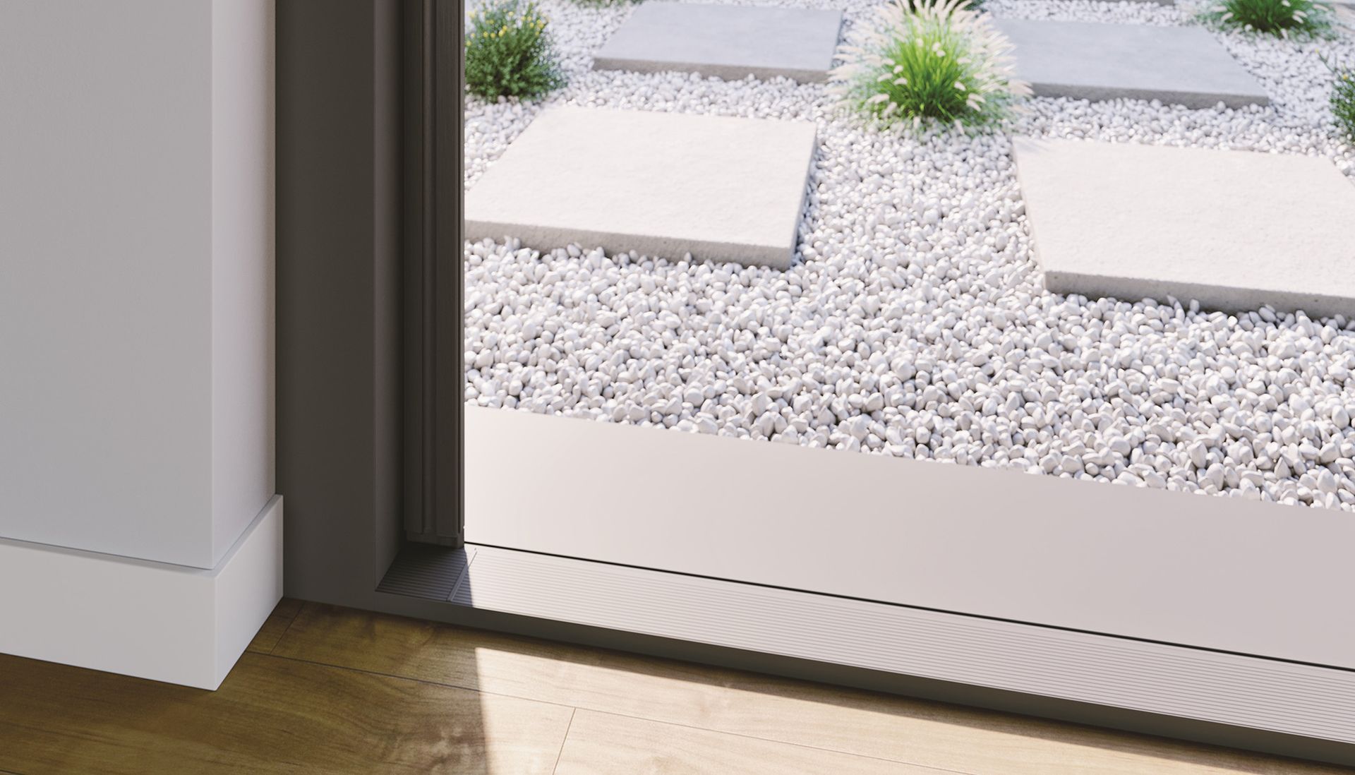 A Sliding Glass Door Is Open To A Gravel Yard — Roo’s Door & Window Maintenance In Sippy Downs, QLD