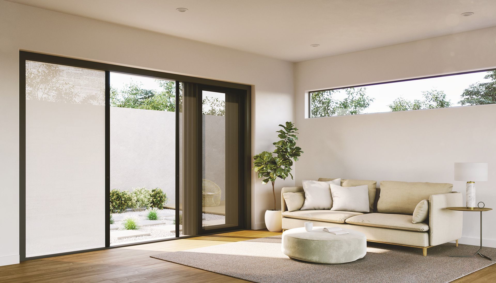 A Living Room With A Couch And Sliding Glass Doors — Roo’s Door & Window Maintenance In Sippy Downs, QLD