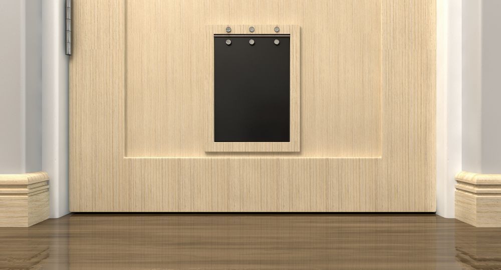 A Wooden Door With A Pet Door Attached To It — Roo’s Door & Window Maintenance In Sippy Downs, QLD