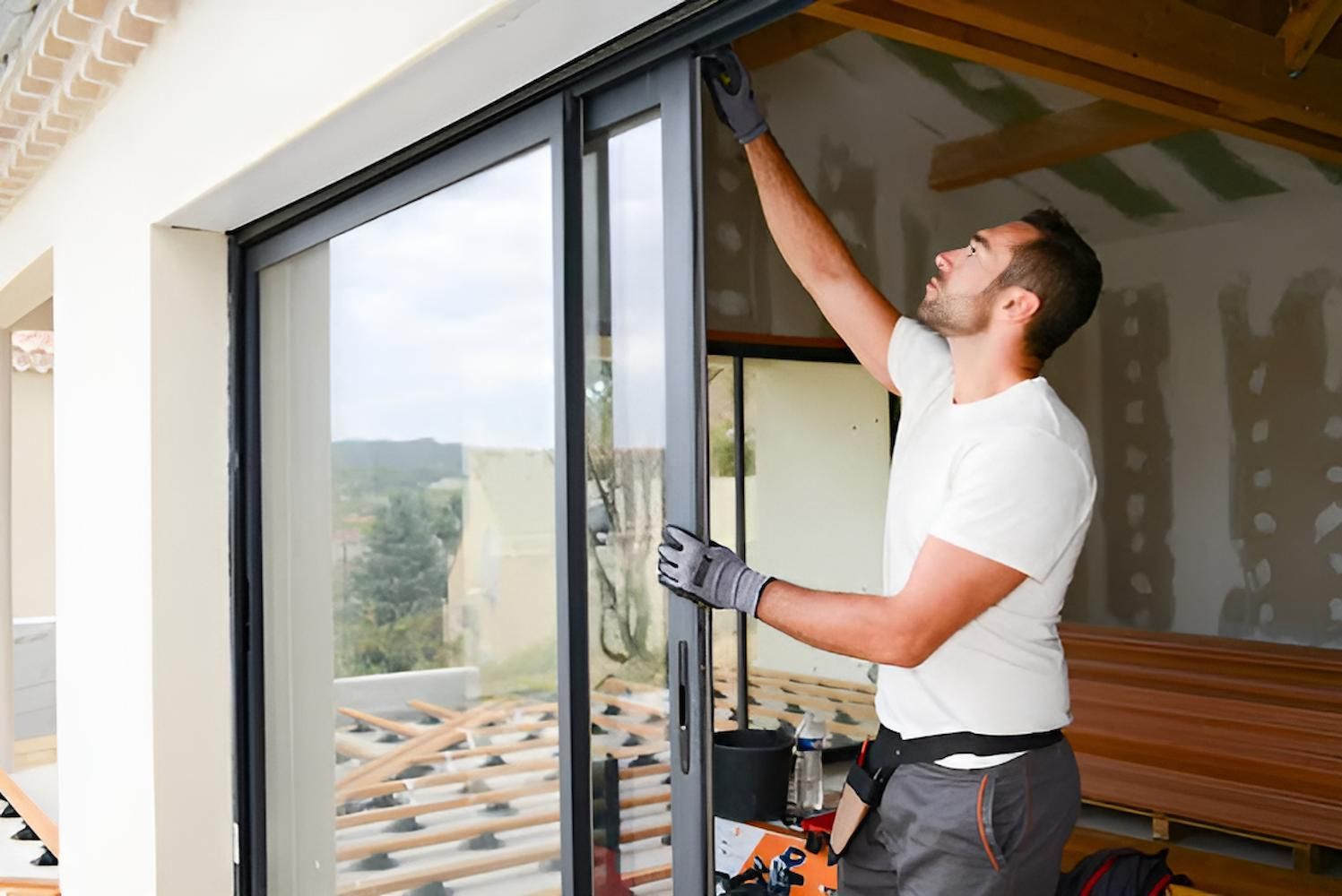 A Man is Installing a Sliding Glass Door in a House — Roo’s Door & Window Maintenance In Sippy Downs