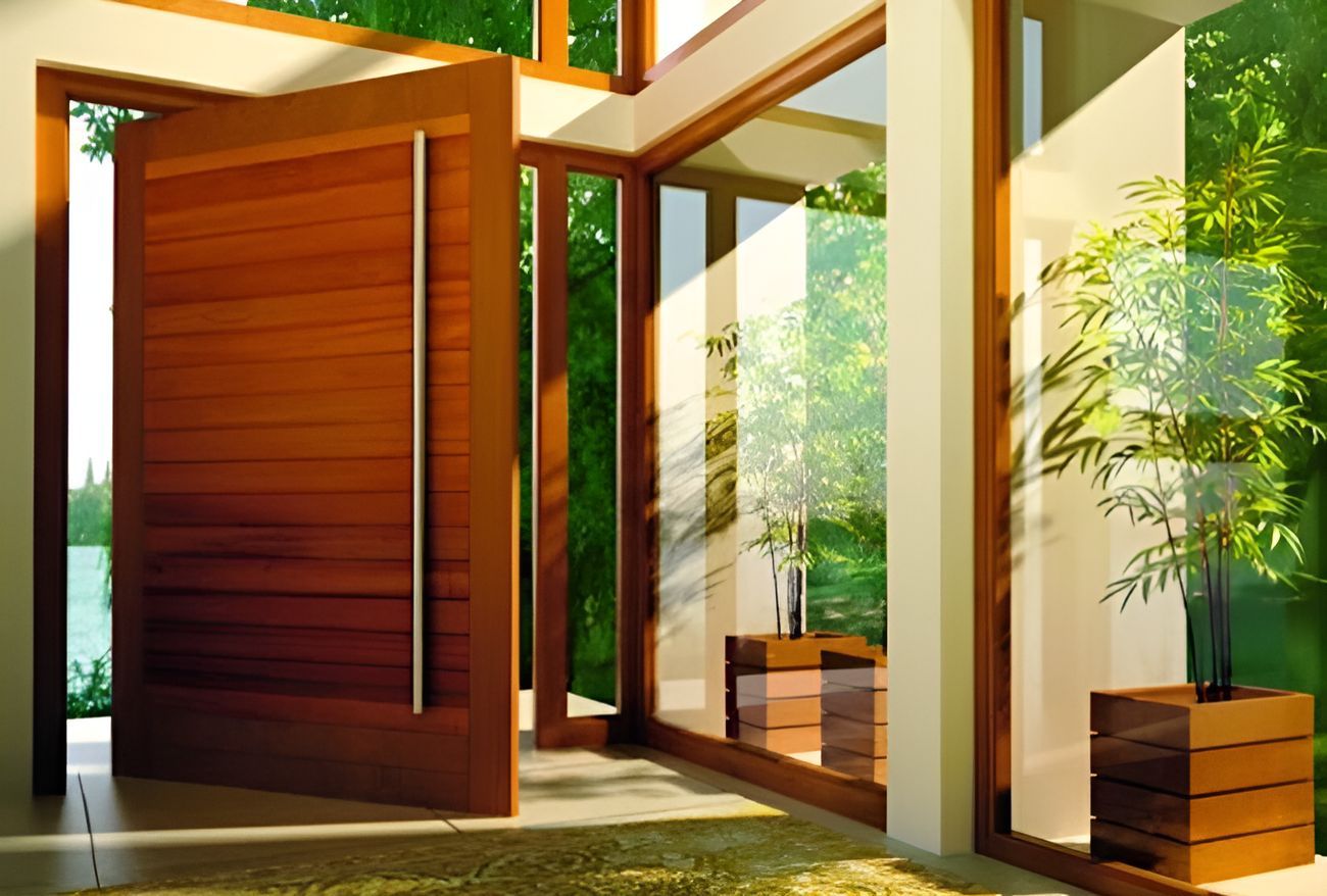 A Large Wooden Door Is Open In A Room With Lots Of Windows — Roo’s Door & Window Maintenance In Sippy Downs, QLD