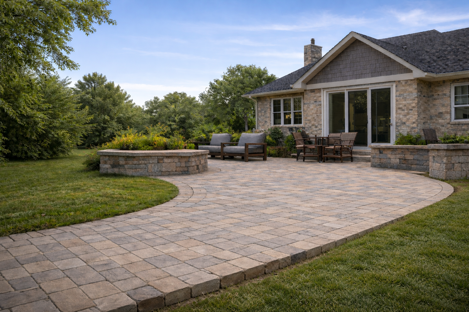 Stone patio with seating, fire pit, and path leading to a brick house with large glass doors, surrounded by green grass and trees.