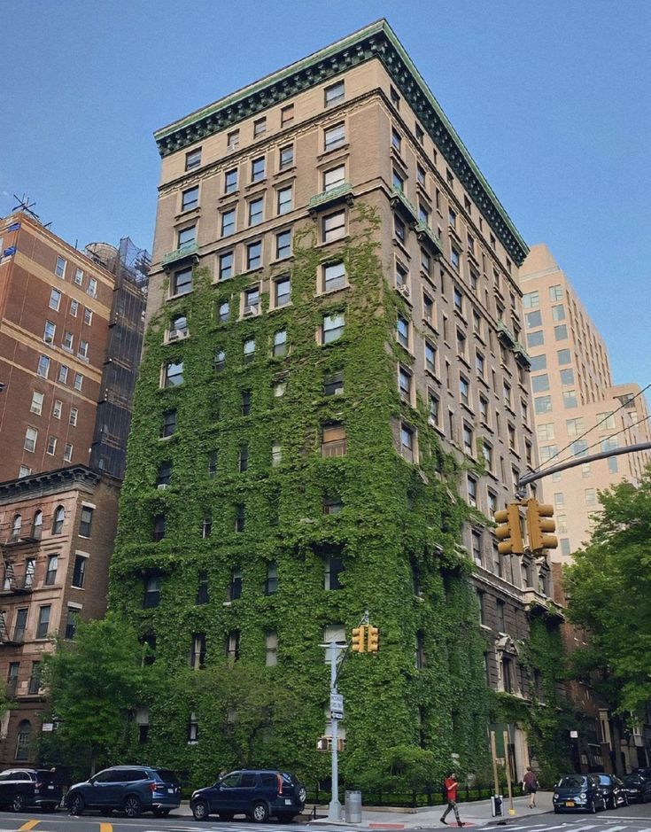 Tall apartment building covered in green ivy, located on a city street with cars and a traffic light.