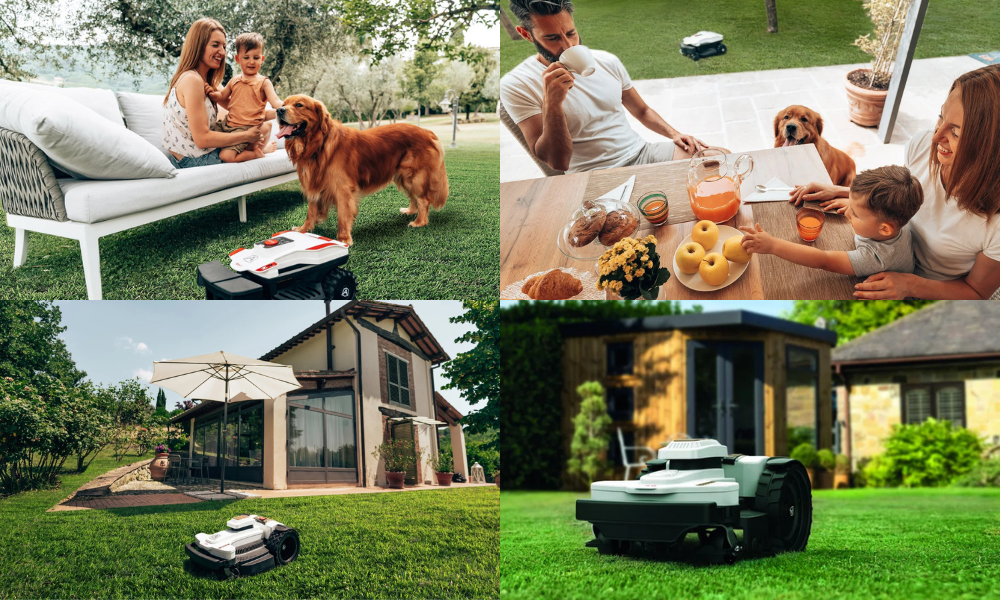 Composite of families with dogs enjoying a lawn; a robotic lawnmower is included in each scene.