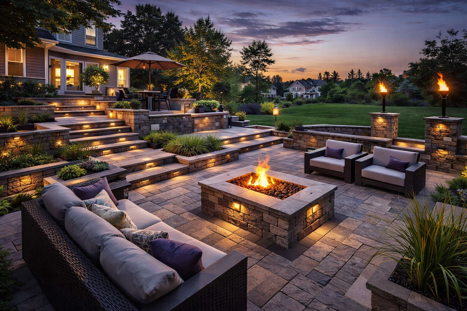 Outdoor patio with fire pit, seating, and tiered landscaping illuminated at dusk.