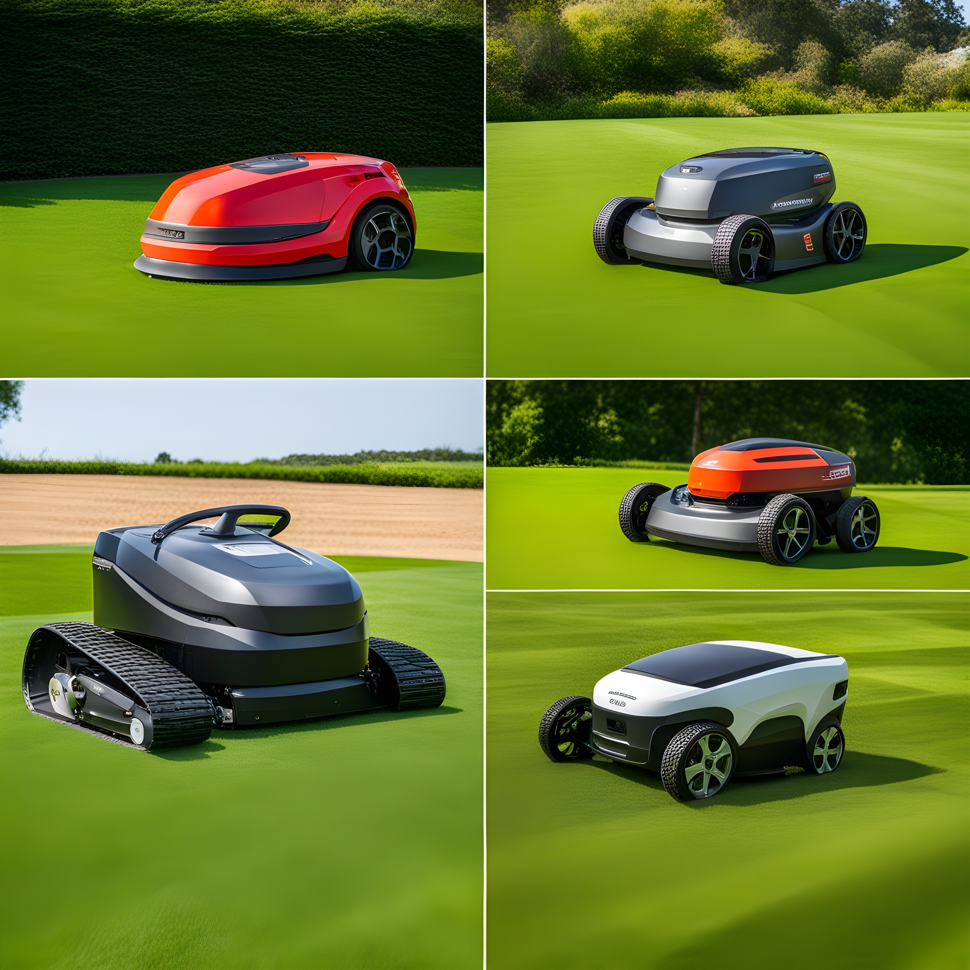 Robot lawnmowers on green grass, various colors, and designs.