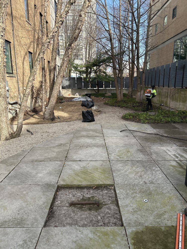 Sidewalk with missing square, trees, black trash bags, and a person using a weed wacker.