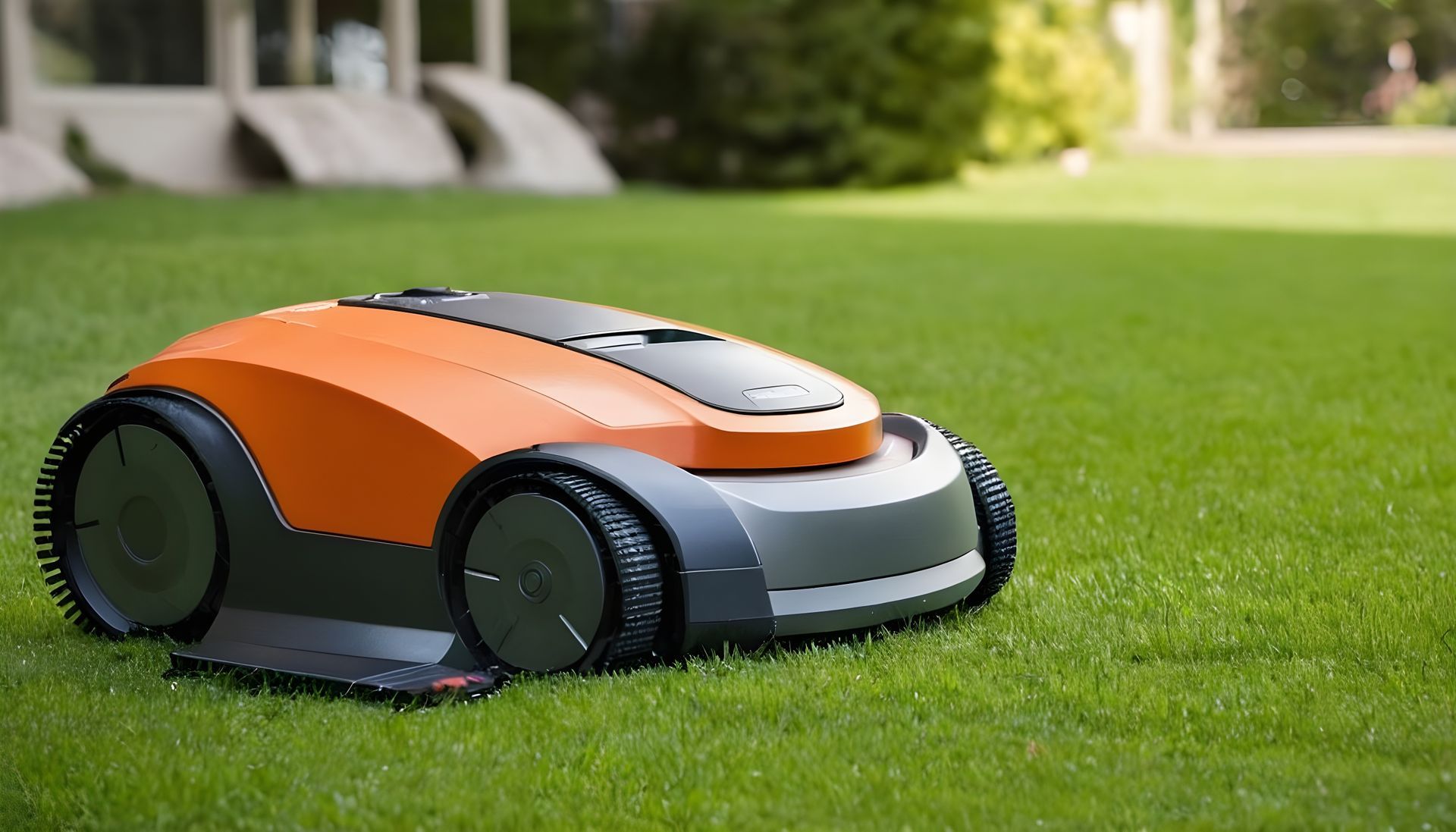 Orange and gray robotic lawnmower on a green lawn in front of a house.