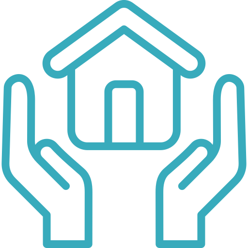 Two hands cradling a house icon, teal outline on white background.
