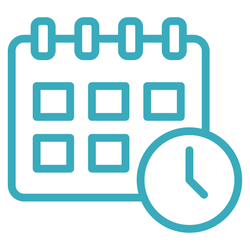 Blue calendar icon with a clock.