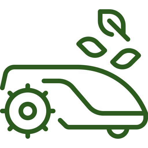 Green outline of a robotic lawnmower with leaves floating above it.