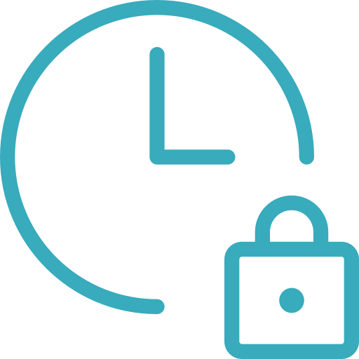 Clock with padlock, signifying time-sensitive security. Teal outline on white background.
