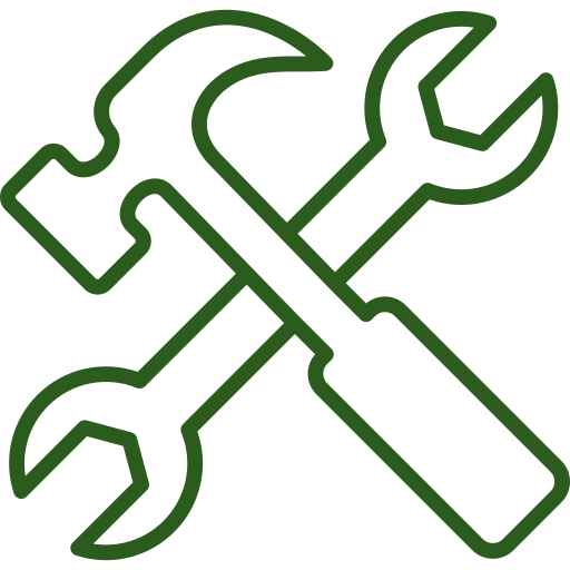 Green outline of a hammer and wrench crossed.