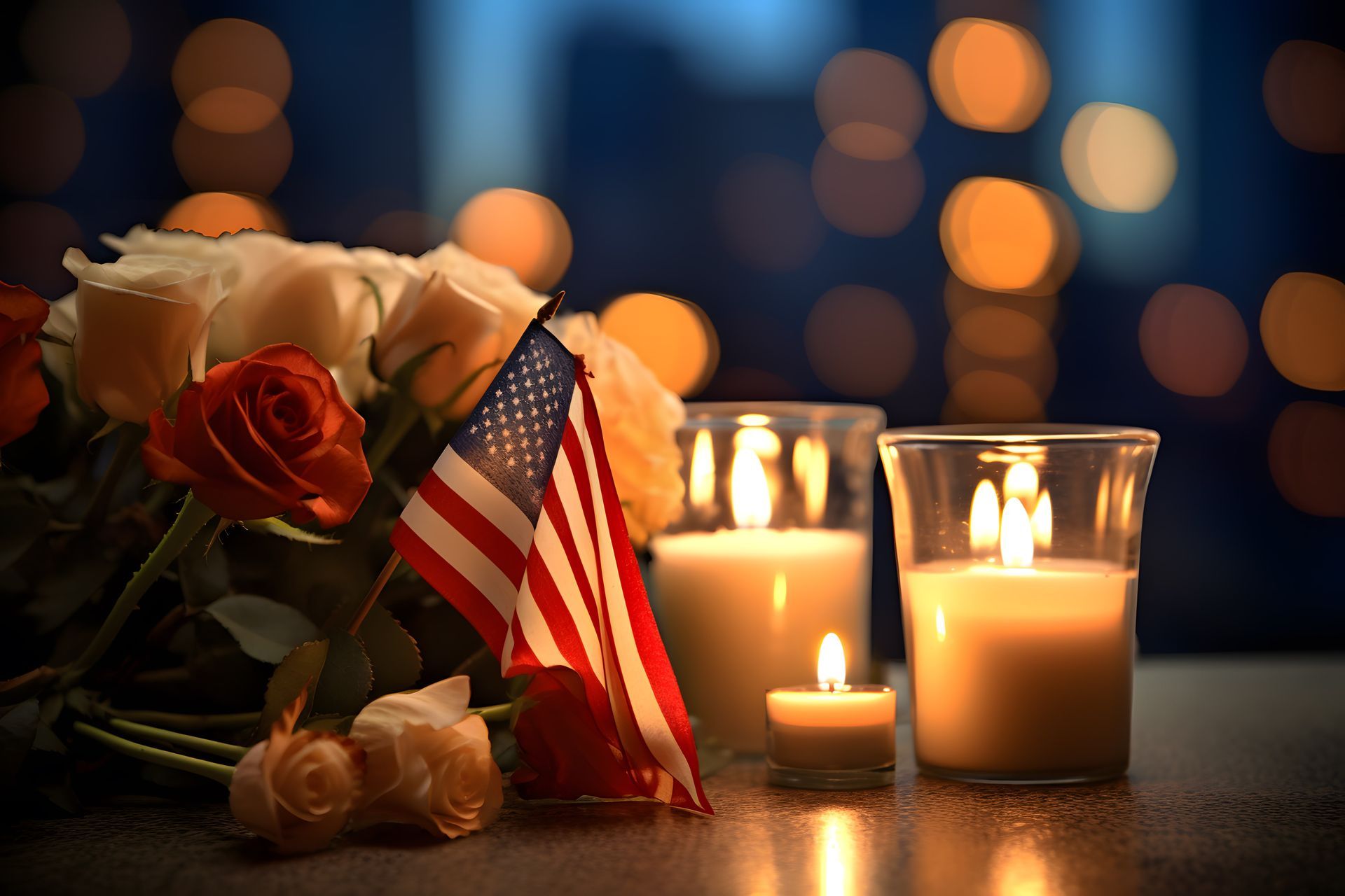 A bouquet of roses , candles and an american flag on a table.