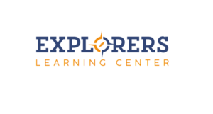 The logo for the explorers learning center is blue and orange.