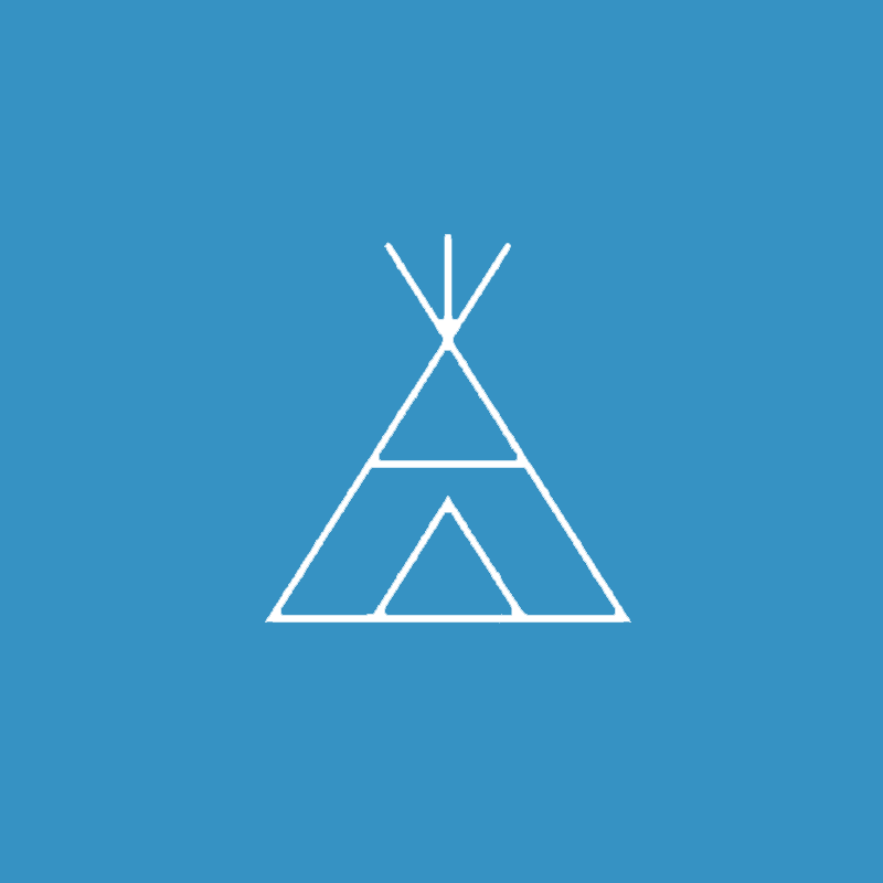A white teepee icon on a blue background.