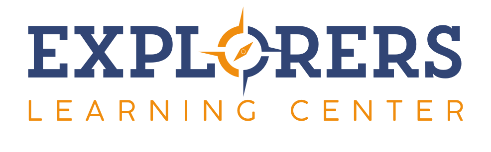 The logo for the explorers learning center is blue and orange