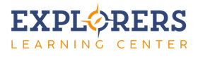 The logo for the explorers learning center is blue and orange