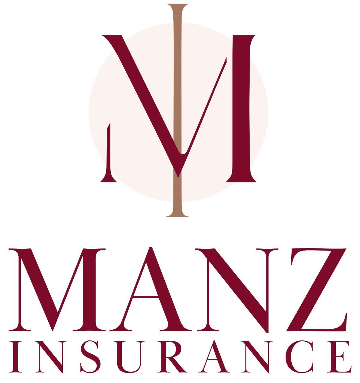 A logo for manz insurance with a letter m in a circle