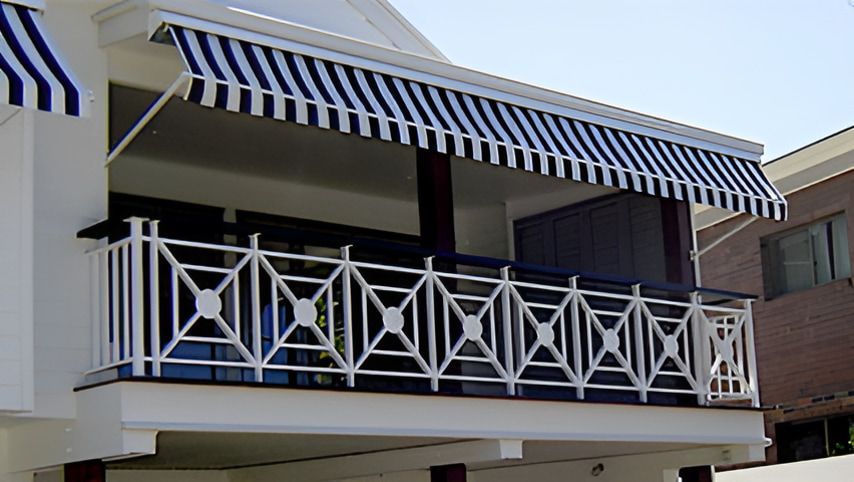 A Balcony With a Blue and White Awning Over It — Metaltrendz in Kunda Park, QLD