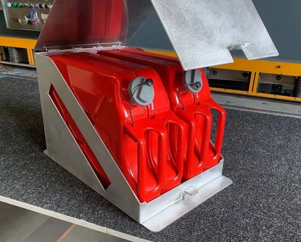 Two Red Gas Cans in a Metal Holder With the Lid Open — Metaltrendz in Maroochydore, QLD