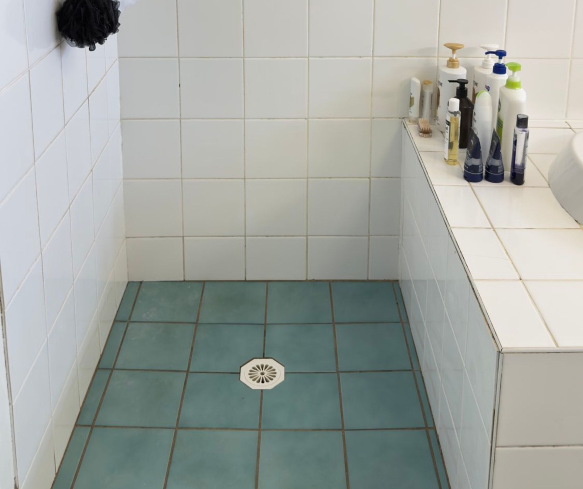 Bathroom with clean white tiles on wall and blue tiles on floor — Schmucker Cleaning in Gulliver, QLD
