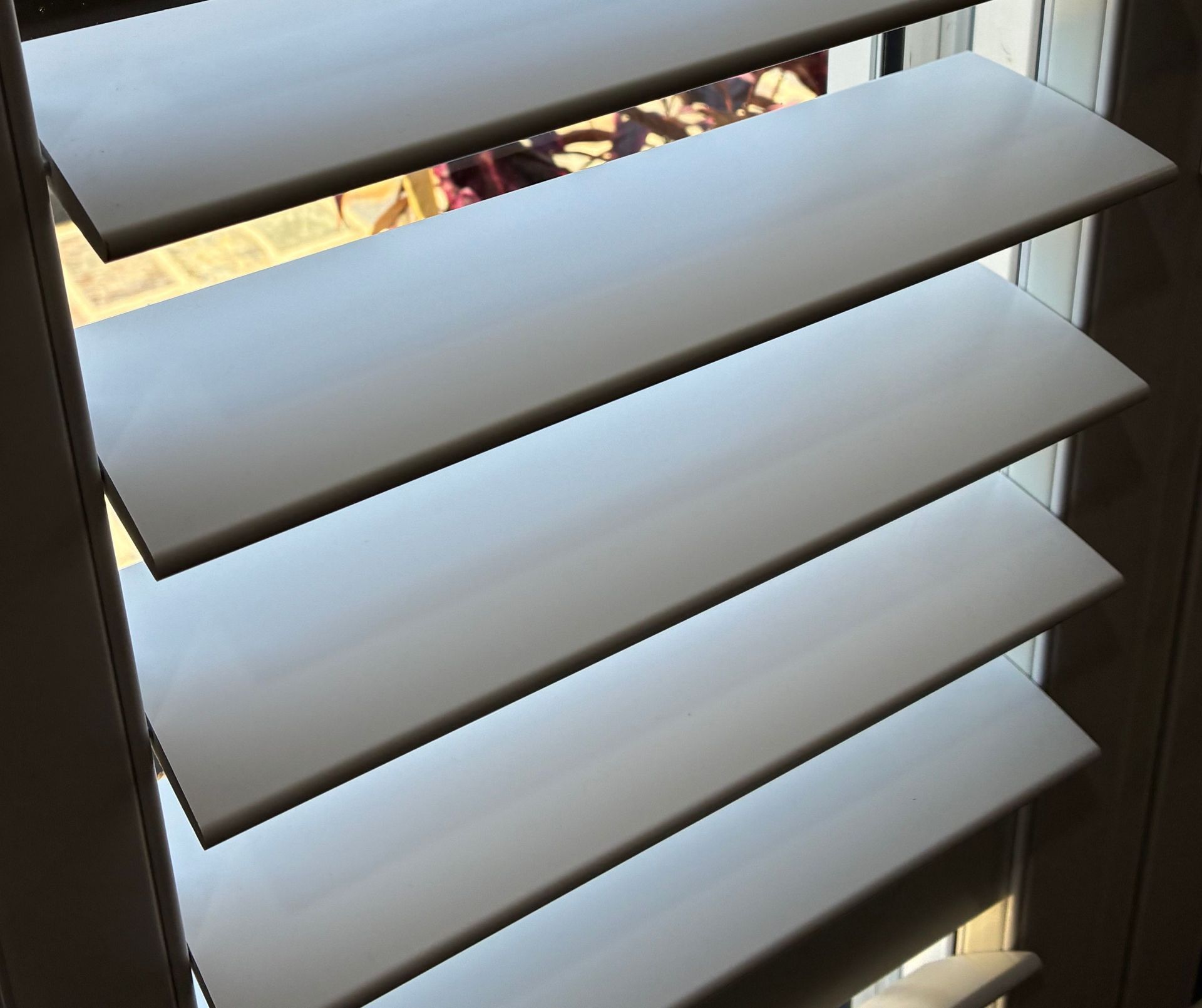 White Interior Shutters Partially Open, Showing Outside View — Schmucker Cleaning in Gulliver, QLD